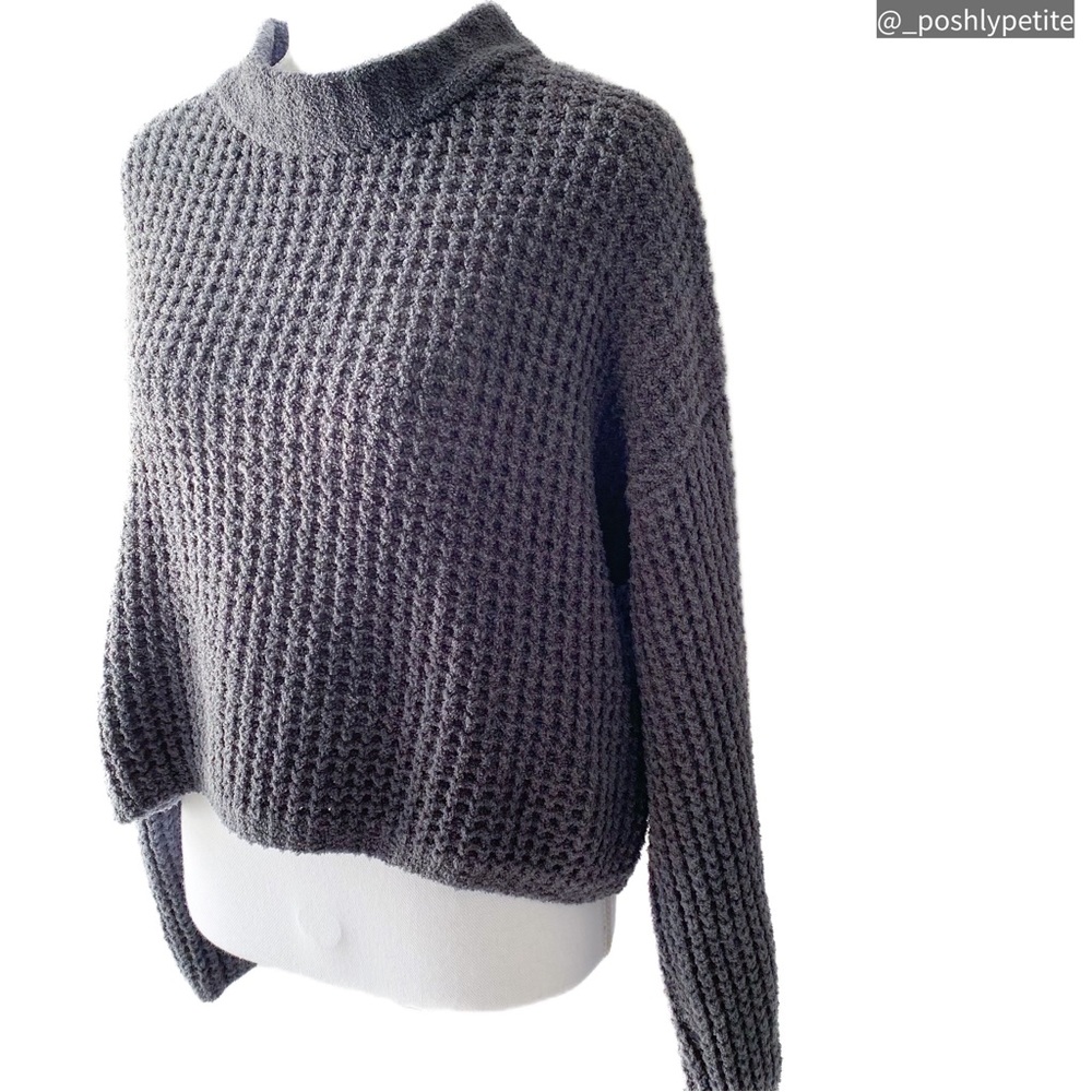 Love tree s charcoal cropped mock neck waffle knit batwing sweater pullover